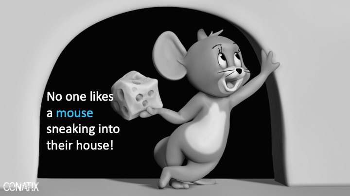 Original Conatix slide using a mouse entering a house as a security metaphor
