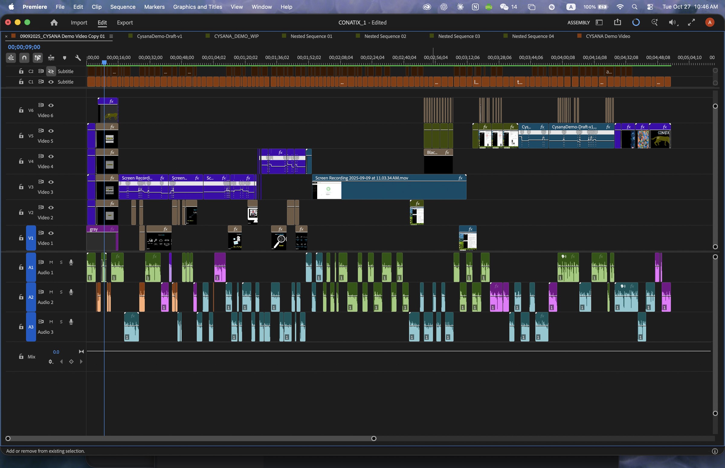 Premiere timeline showing the Conatix edit with six video tracks, layered captions, and three audio tracks containing many individual edits